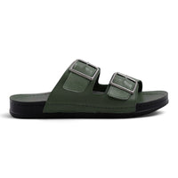 Step Ahead Pesso olive green leather slide sandals featuring two adjustable silver buckle straps and a black sole