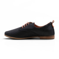Step Ahead Pesso Aggie black leather brogue loafer with perforated detailing, tan laces, and a flexible rubber sole.