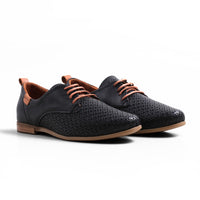 Step Ahead Pesso Aggie black leather brogue loafers with laser-cut patterned detail and tan laces