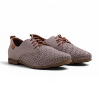 Step Ahead Pesso Aggie grey leather brogue loafers with laser-cut detailing, brown laces, and a flexible rubber sole.