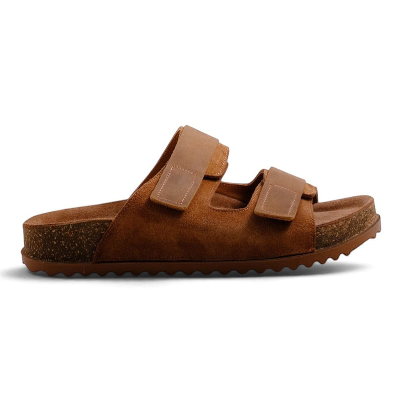 Step Ahead Pesso Bailey tan suede sandals with adjustable straps, cork footbed, and comfortable padded leather insole.
