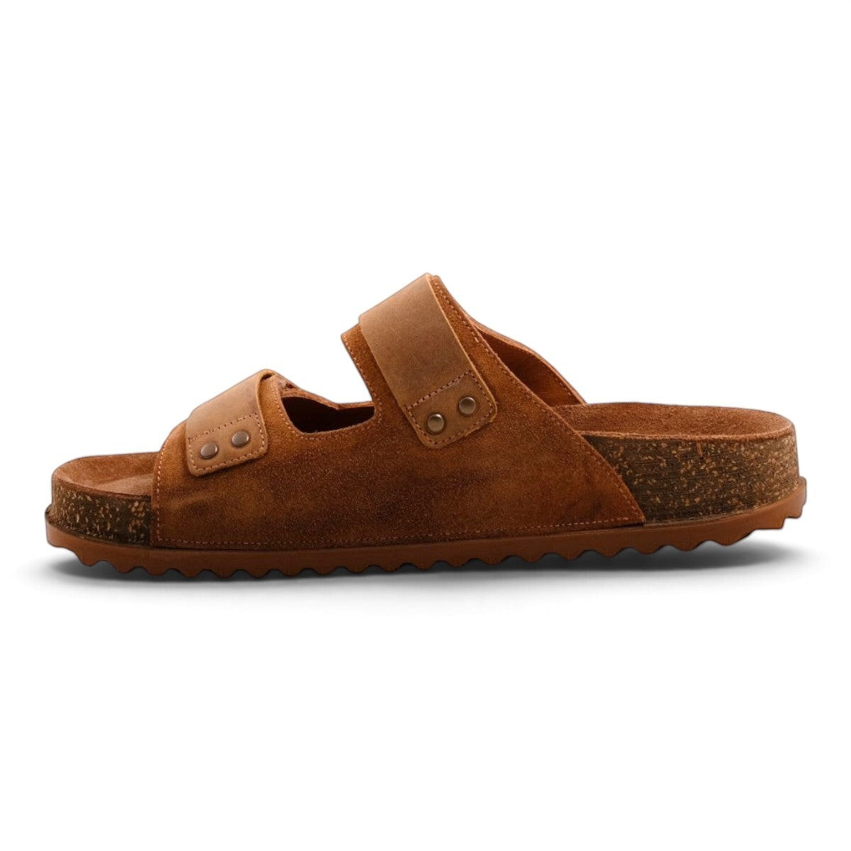 Step Ahead Pesso Bailey tan suede sandals with adjustable straps and a cushioned leather footbed, side profile view.