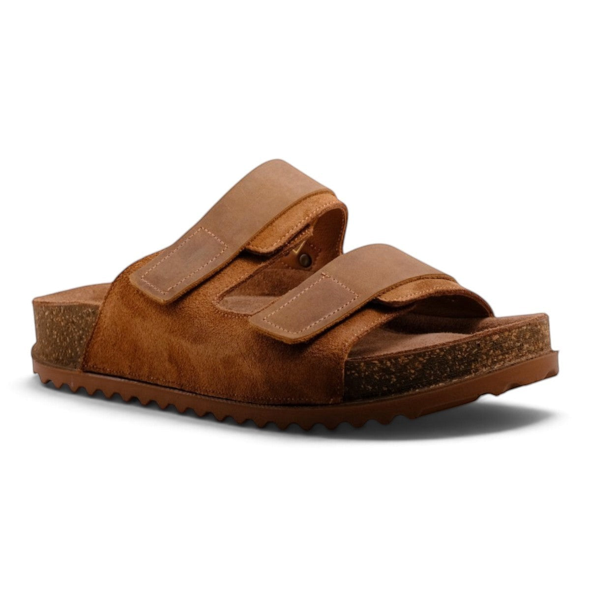 Step Ahead Pesso Bailey tan suede sandals with adjustable straps, cushioned leather footbed, and cork-style sole.
