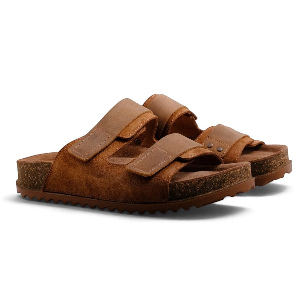Step Ahead Pesso Bailey tan suede sandals with adjustable straps, padded leather footbed, and cork-style sole.