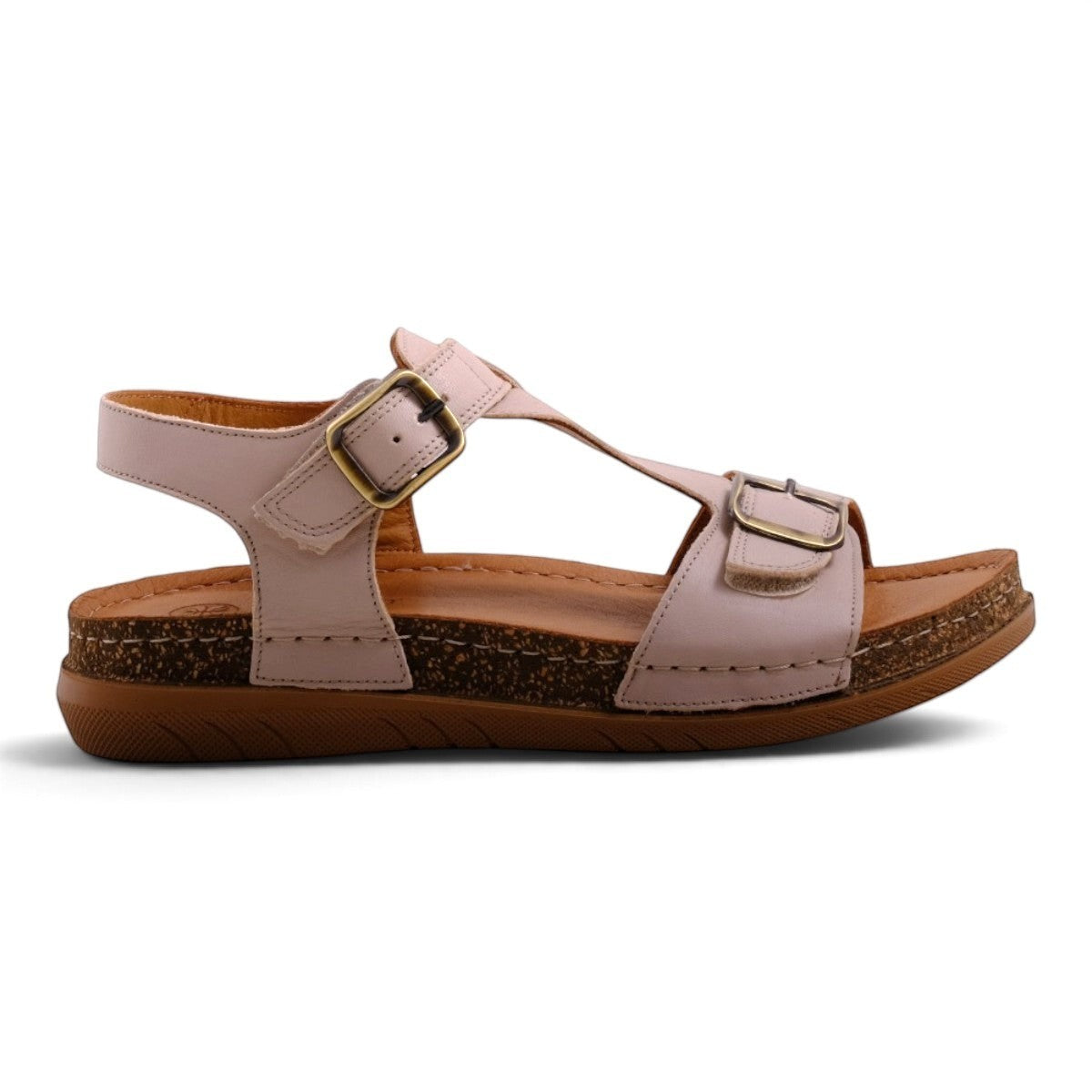 Step Ahead Pesso Beau nude leather sandals with adjustable straps, cushioned footbed, and cork-style midsole.