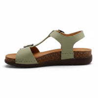 Step Ahead Pesso Beau sage green leather sandal with adjustable straps and a cushioned footbed, side view.