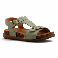 Step Ahead Pesso Beau sage green leather sandals with adjustable straps, padded footbed, and cork-style sole.