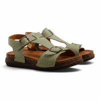 Step Ahead Pesso Beau sage green leather sandals with adjustable straps, padded footbed, and cork-style midsole.