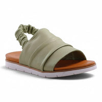 Step Ahead Pesso Beni sage green leather sandal with ruched upper and elasticated backstrap on a comfortable sole