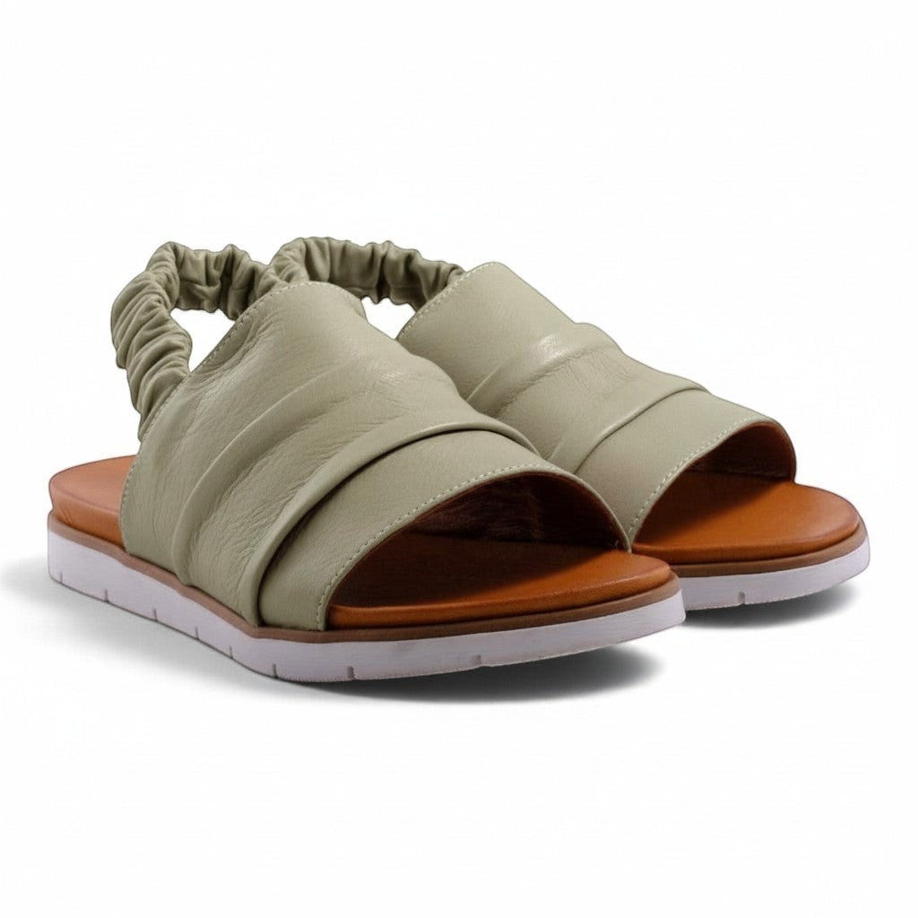 Step Ahead Pesso Beni sage green leather sandals with ruched upper and elasticated backstrap on a comfortable sole.