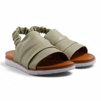 Step Ahead Pesso Beni sage green leather sandals with ruched upper and elasticated backstrap on a comfortable sole.