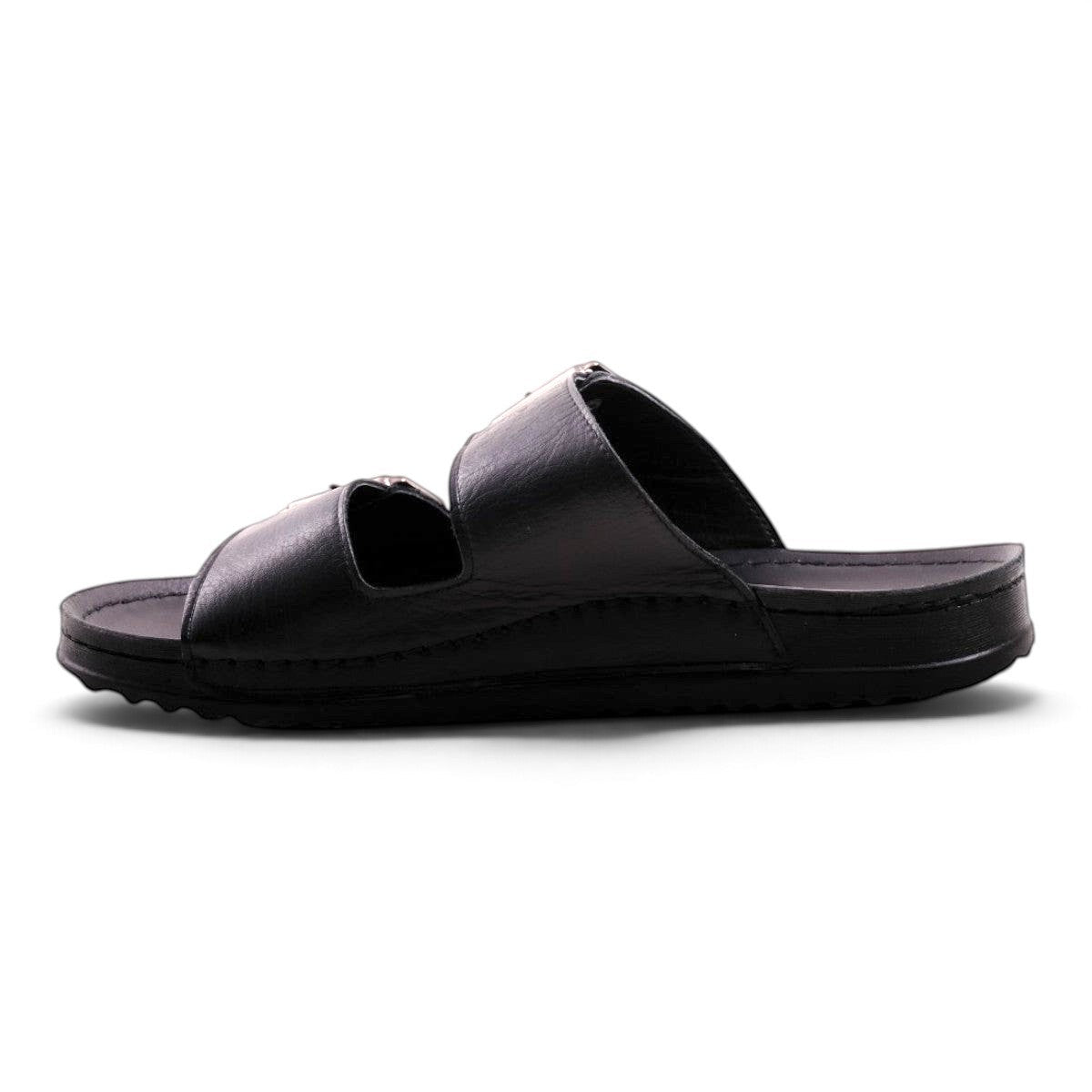 Step Ahead Pesso men's all black leather slide sandals with a double strap design and contoured footbed