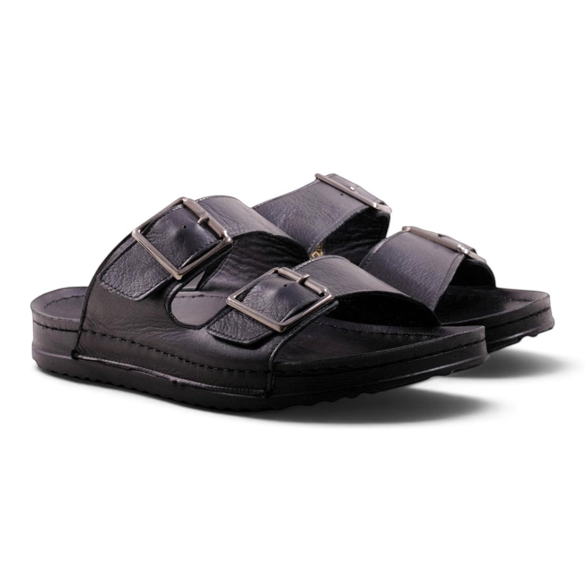 Step Ahead Pesso men's all-black leather slide sandals with dual adjustable buckle straps and a contoured footbed.