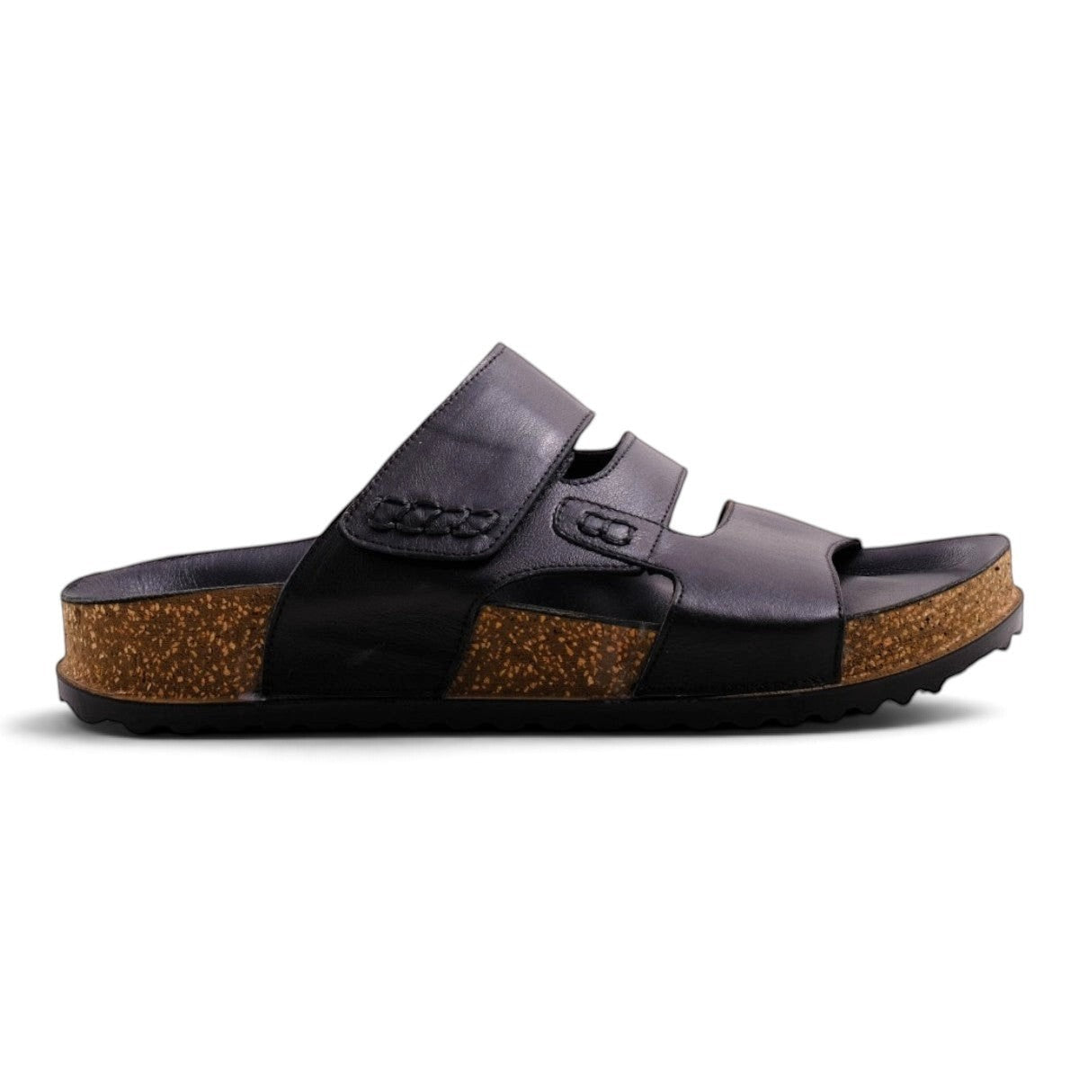 Step Ahead Pesso Blake black leather double-strap sandal with a contoured cork footbed and textured rubber sole