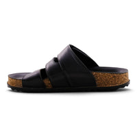 Step Ahead Pesso Blake black leather slide sandals with a contoured cork footbed and dual strap design