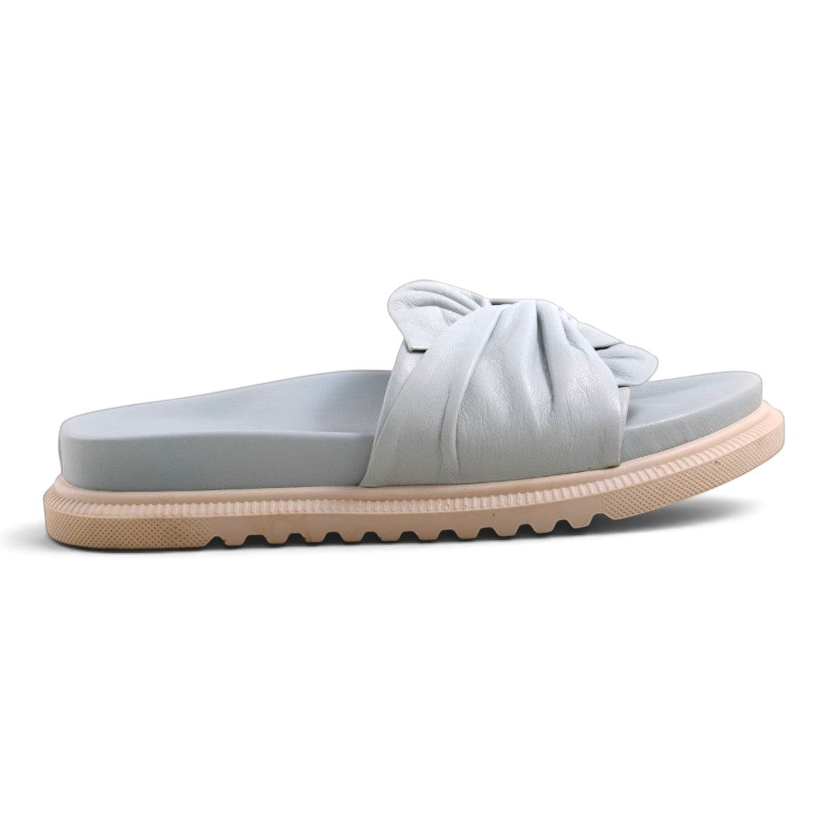 Step Ahead Pesso Borgan Aqua slide sandal featuring a soft light blue leather upper with a gathered bow detail.