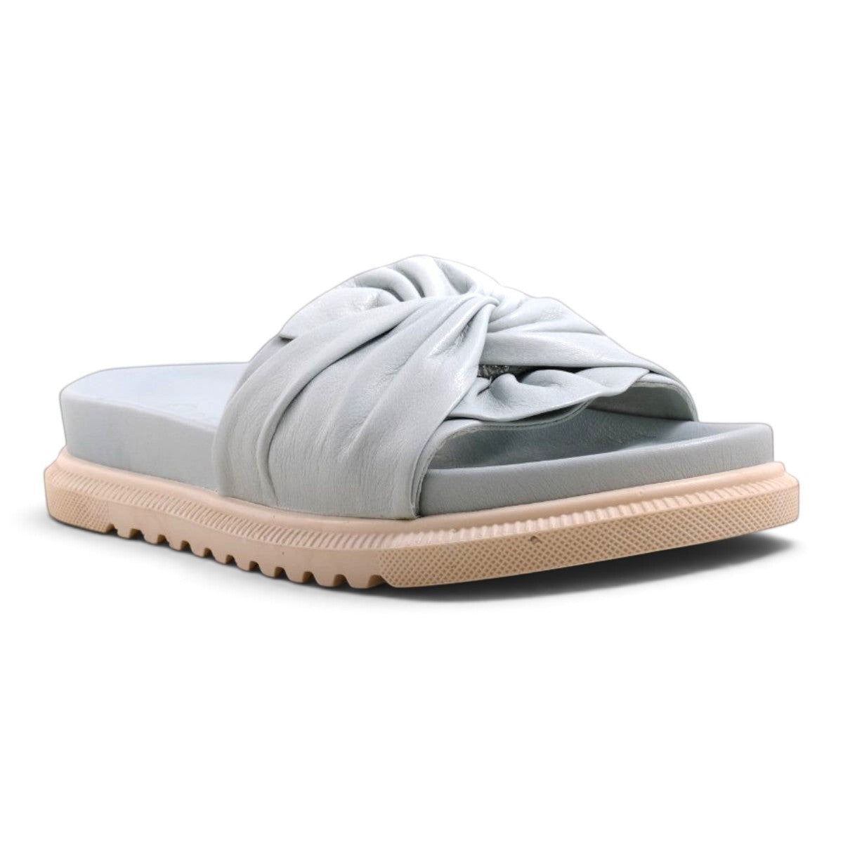 Step Ahead Pesso Borgan Aqua slide sandals in light blue leather with a knotted strap and beige lugged sole