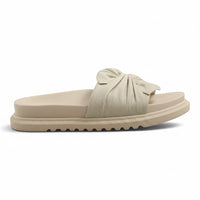 Step Ahead Pesso Borgan cream leather summer slide sandals with a gathered bow detail and supportive footbed.