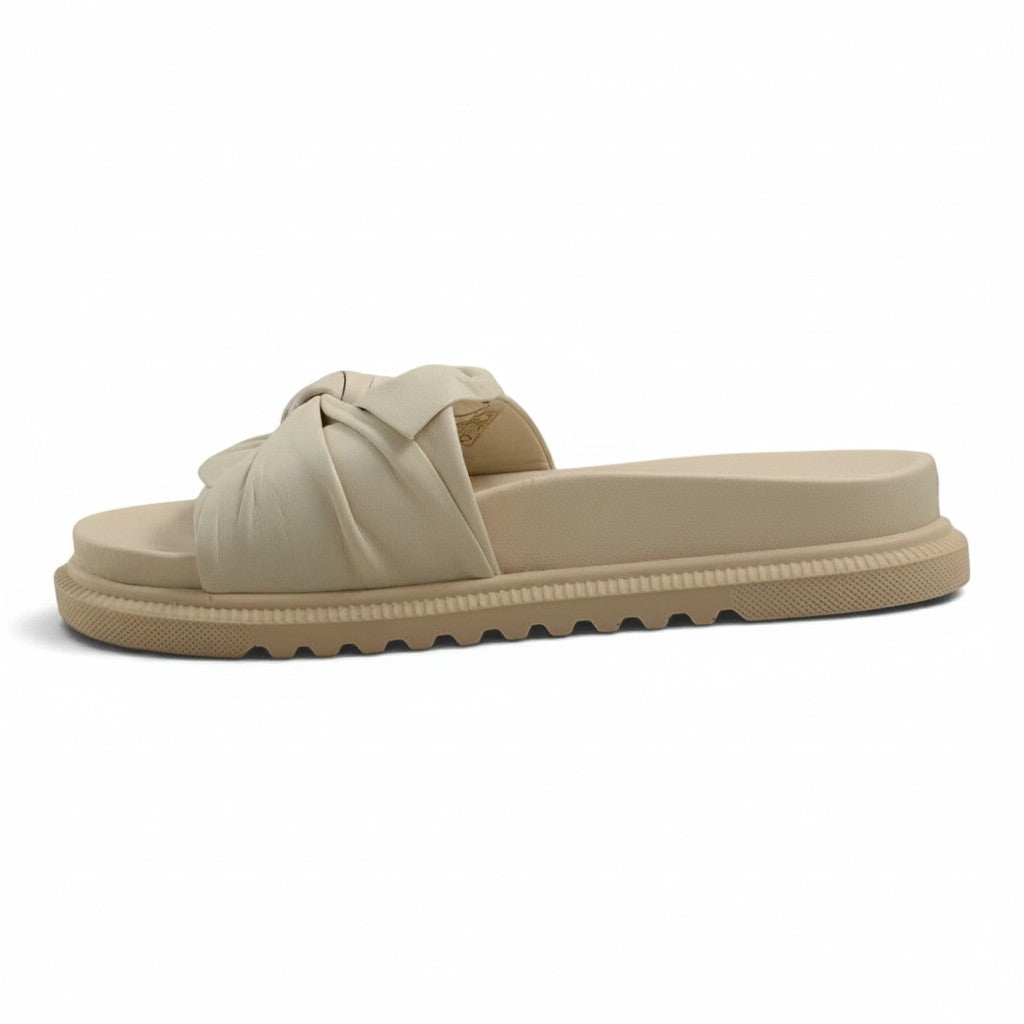 Step Ahead Pesso Borgan cream leather summer slide with a knotted strap and supportive arch-support footbed
