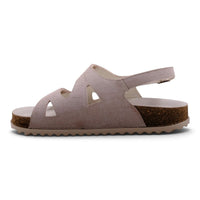 Step Ahead Pesso Brianna beige linen sandals with adjustable straps, leather footbed, and cork midsole, side view.