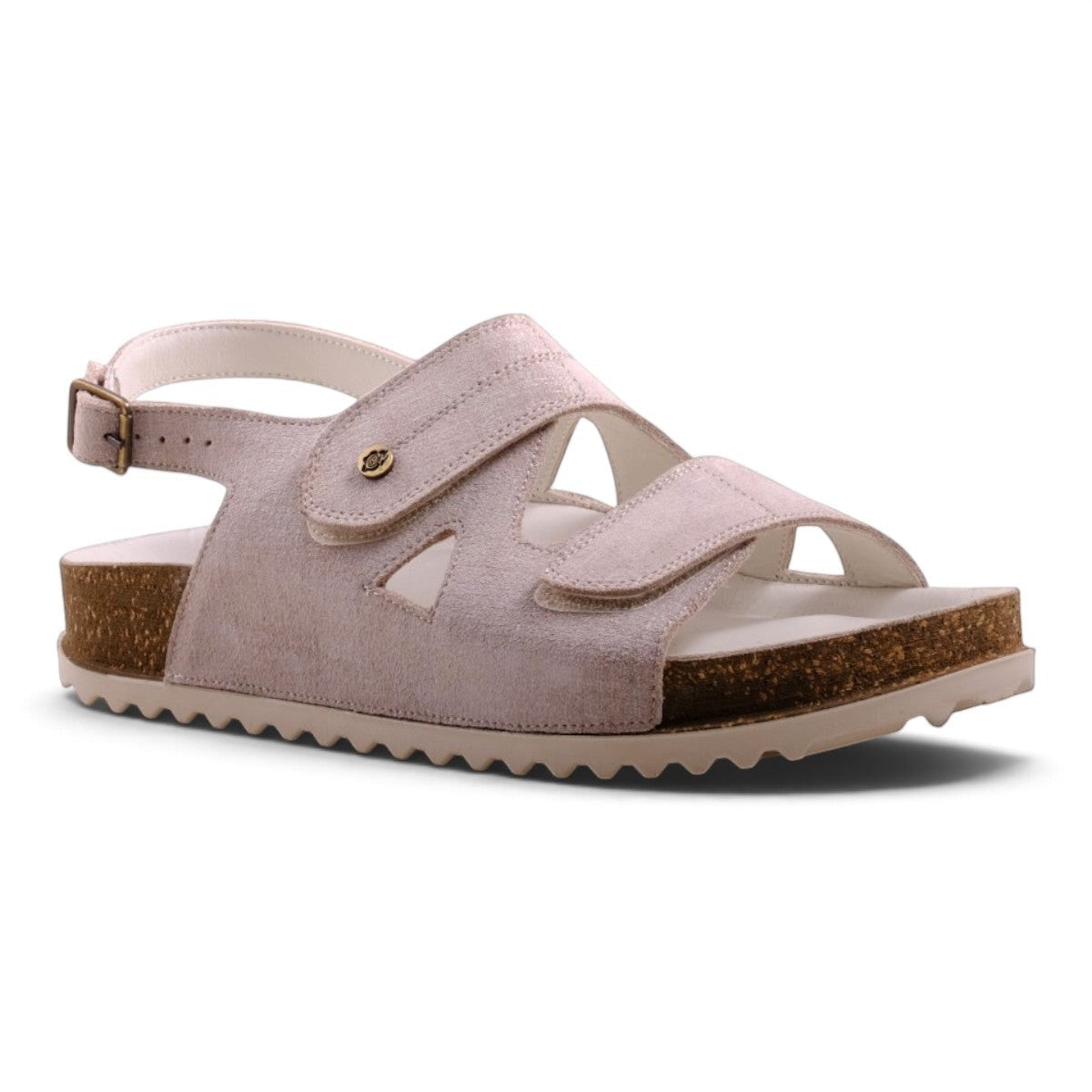Step Ahead Pesso Brianna beige linen sandals with adjustable straps, leather footbed, and cork-style sole.