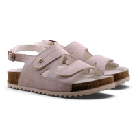 Step Ahead Pesso Brianna beige linen sandals with adjustable straps, leather lining, and padded footbeds.