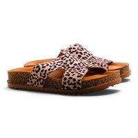 Step Ahead Pesso Brooke cheetah print leather slide sandals with padded footbeds and cork-style midsoles