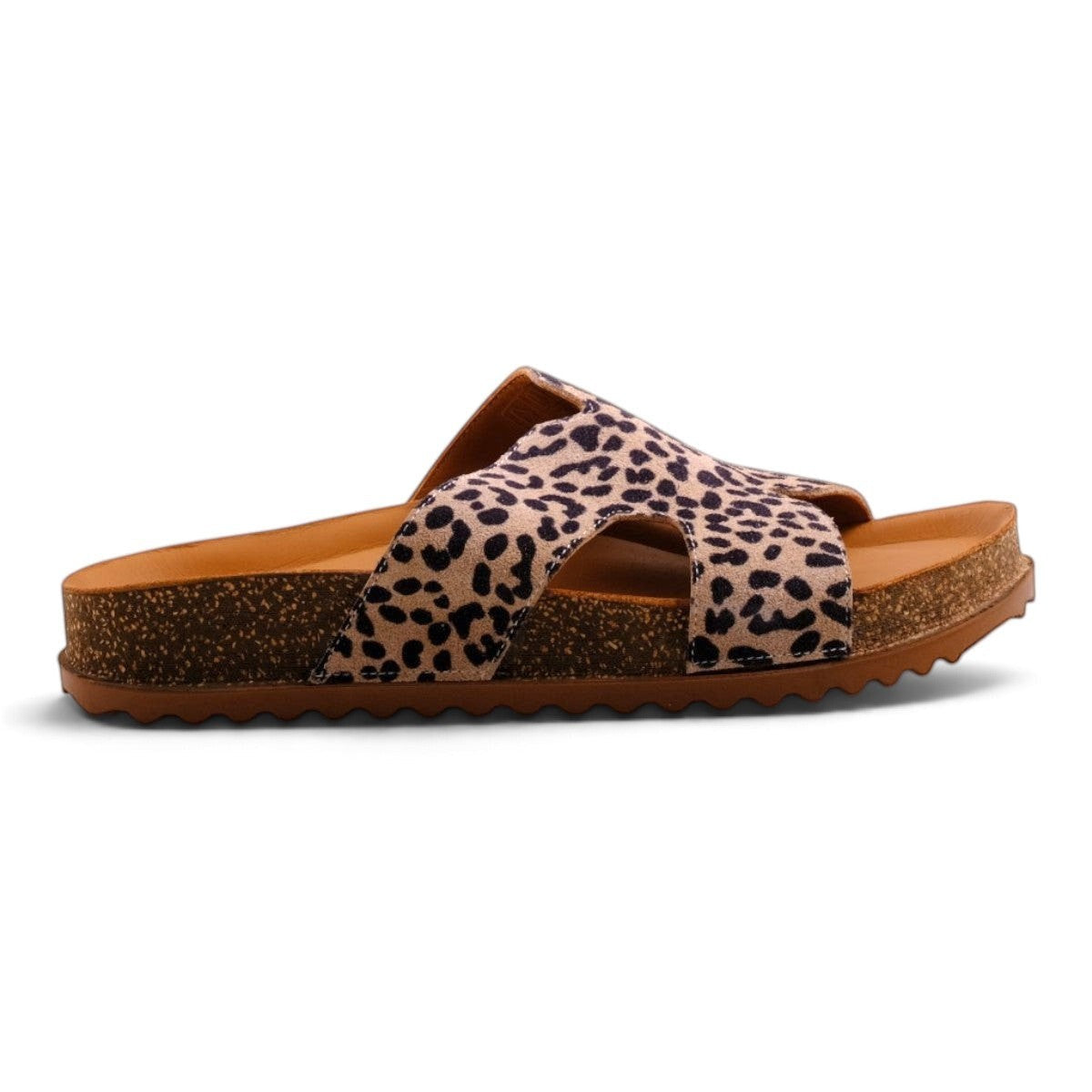 Step Ahead Pesso Brooke cheetah print leather slide sandals with adjustable straps and cushioned cork footbed