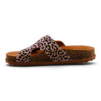 Step Ahead Pesso Brooke Cheetah slide sandals with leopard print leather upper and comfortable cork-style footbed.