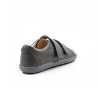Step Ahead Pesso Dublin khaki leather barefoot shoes with flexible rubber soles and convenient velcro straps.
