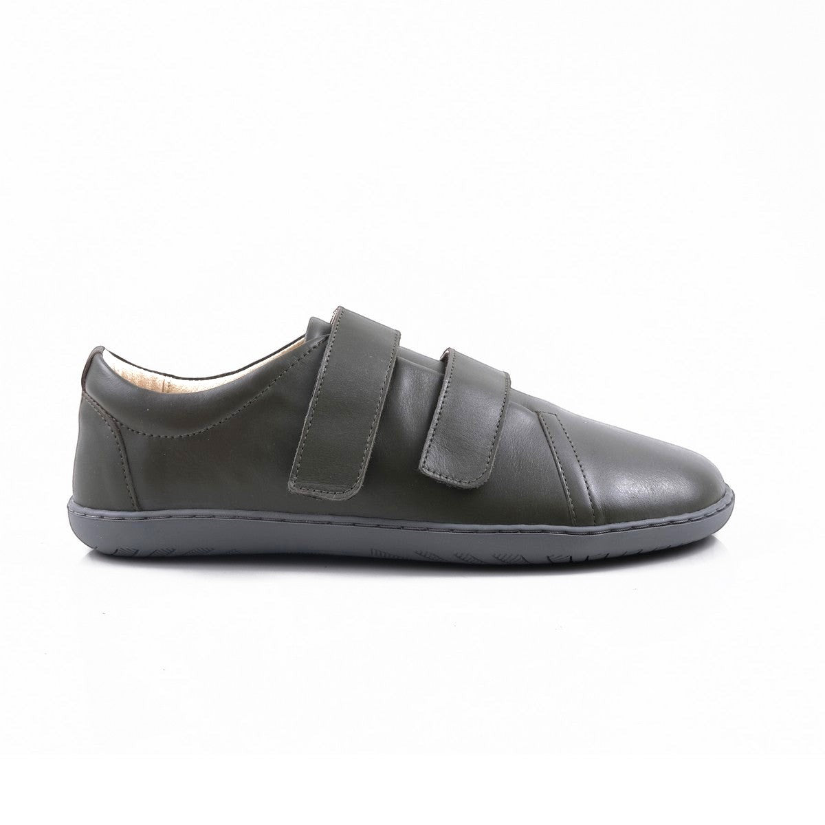 Step Ahead Pesso Dublin khaki leather barefoot shoe with dual velcro straps and a flexible rubber sole