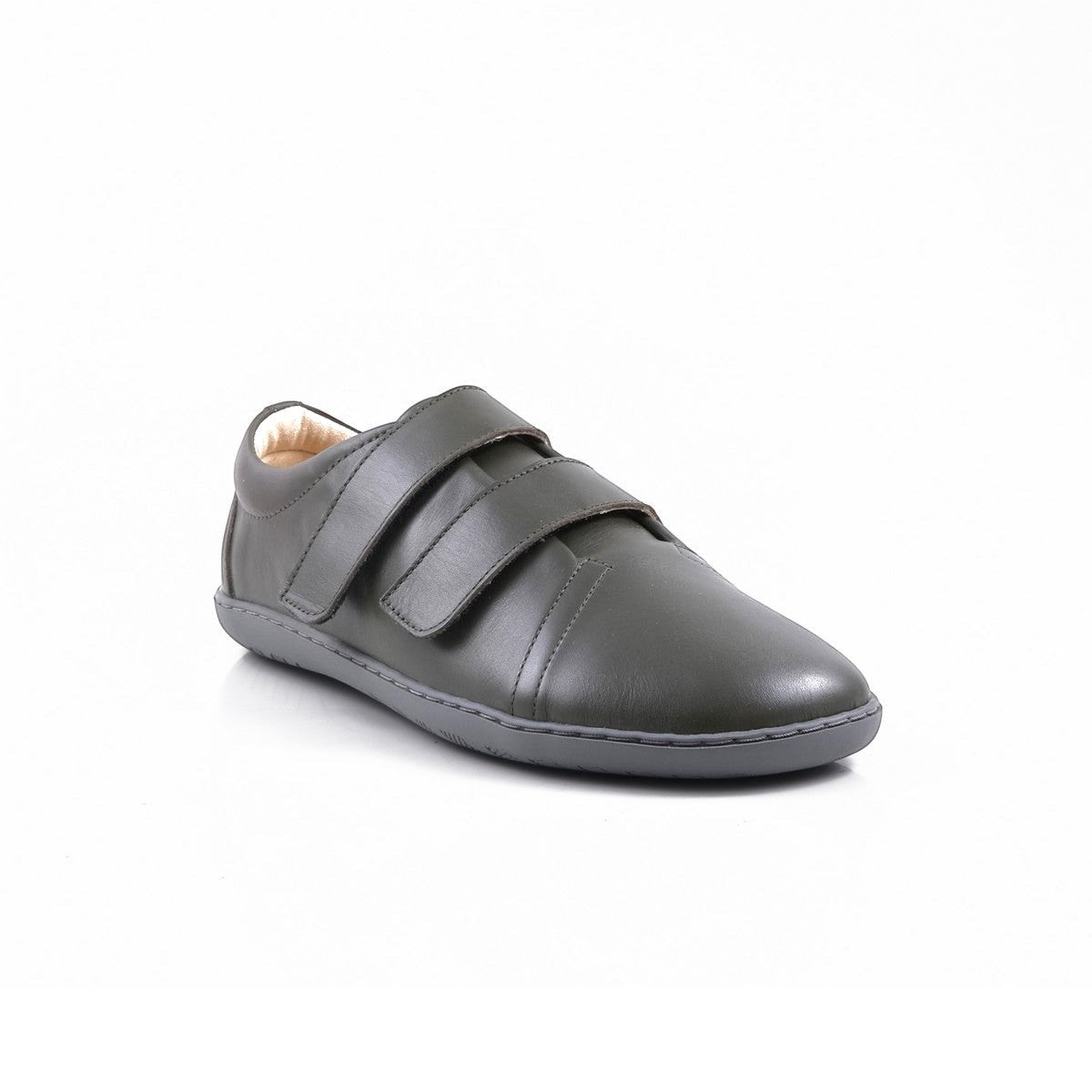 Step Ahead Pesso Dublin khaki leather barefoot shoes with wide toe box and flexible rubber sole featuring velcro straps