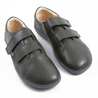 Step Ahead Pesso Dublin khaki leather barefoot shoes with wide toe box and dual velcro straps on a white background
