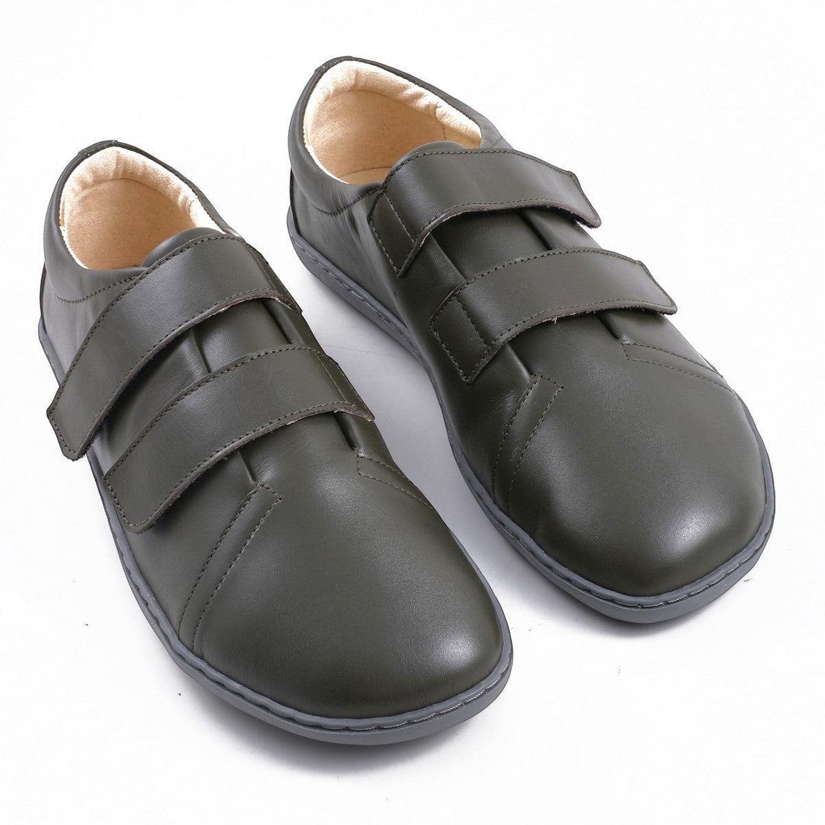 Step Ahead Pesso Dublin khaki leather barefoot shoes with wide toe box and dual velcro straps on a white background