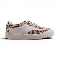 Step Ahead Pesso Botide round-toe sneaker in cream leather with leopard print accents and a thick cushioned sole.