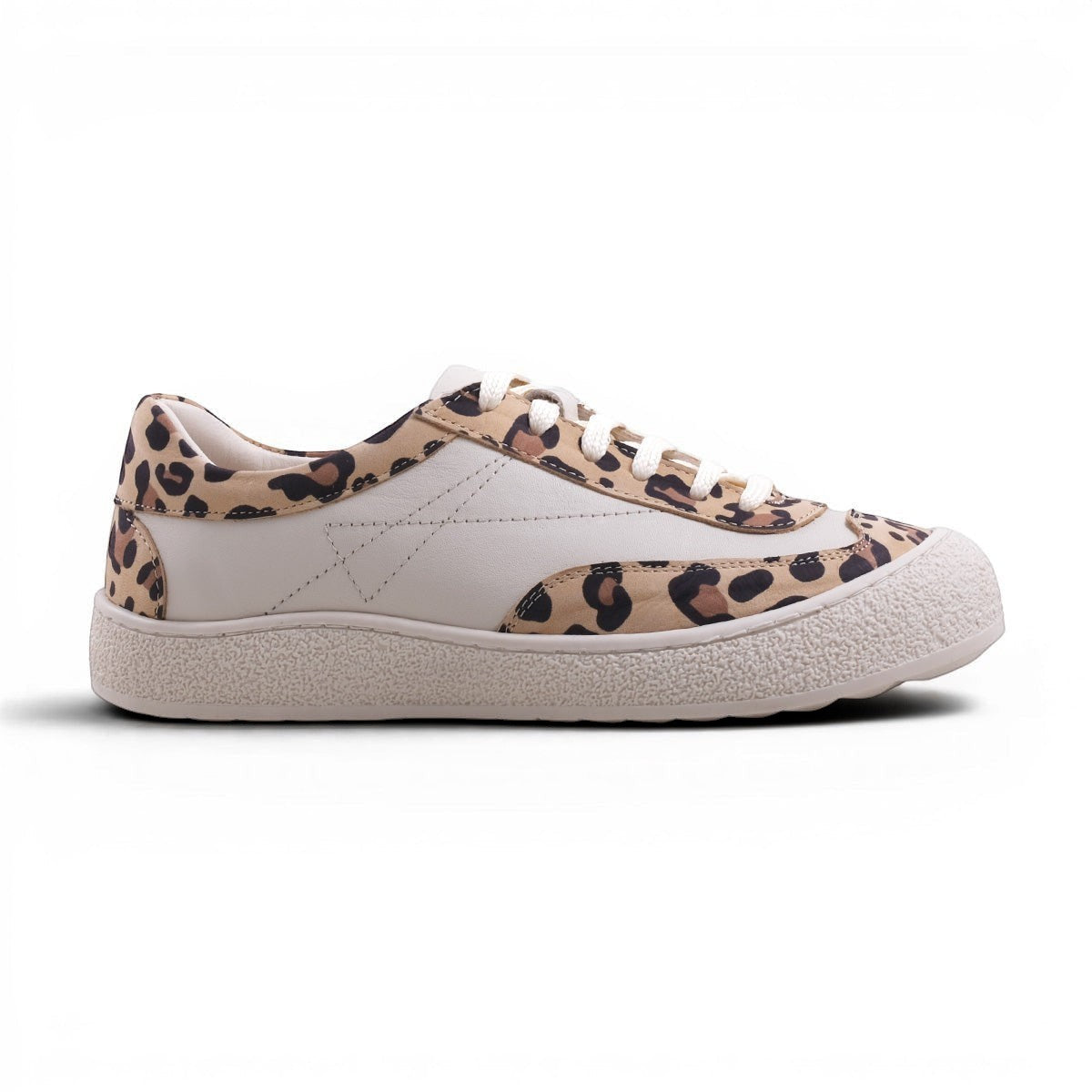 Step Ahead Pesso Botide round-toe sneaker in cream leather with leopard print accents and a thick cushioned sole.