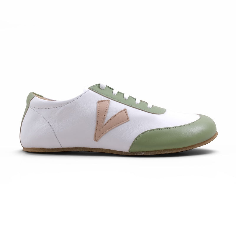 Step Ahead Pesso Mathias barefoot sneakers in white leather with sage green accents and a nude side detail