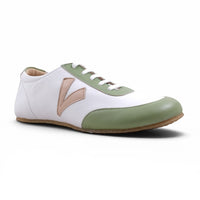 Step Ahead Pesso Mathias barefoot sneaker in white leather with sage green accents and a flexible rubber sole