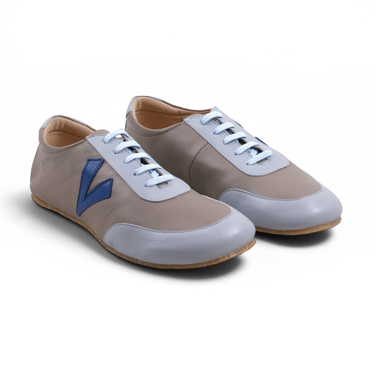 Step Ahead Pesso Mathias barefoot shoes in taupe and blue leather with a flexible rubber sole and wide toe box.