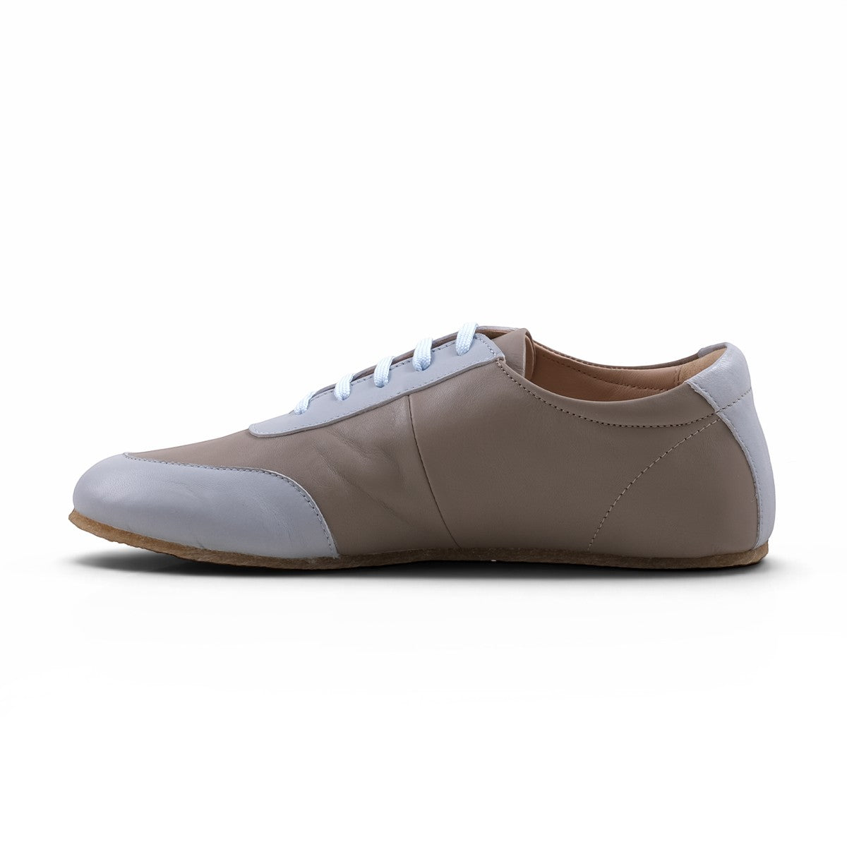 Step Ahead Pesso Mathias barefoot leather sneaker in taupe and blue with a flexible rubber sole and wide toe box