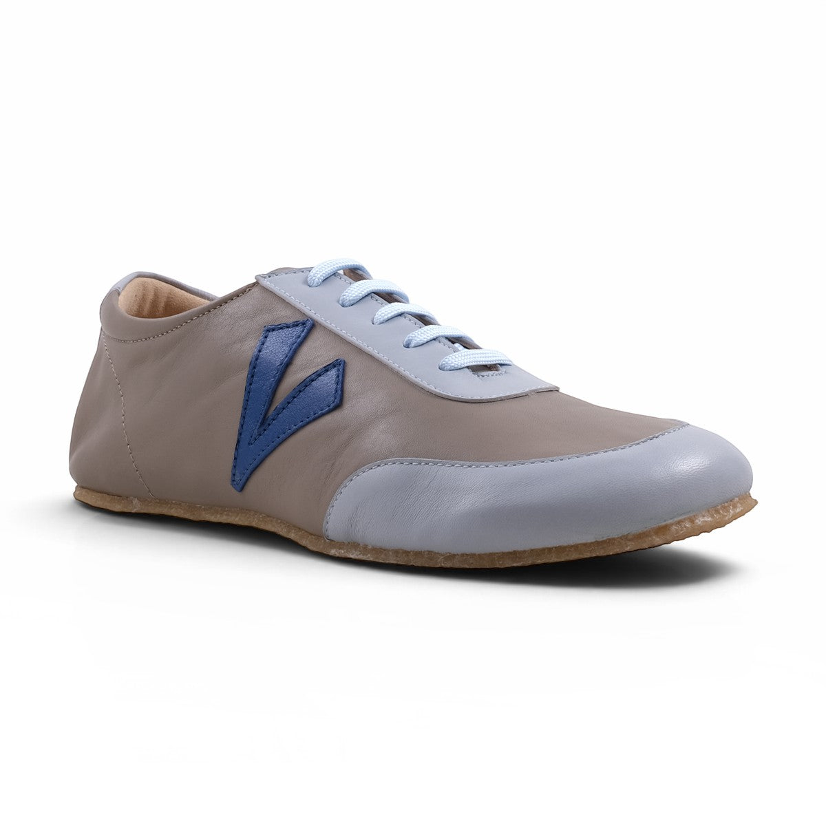 Step Ahead Pesso Mathias barefoot leather sneaker in taupe and blue with a flexible rubber sole and wide toe box.