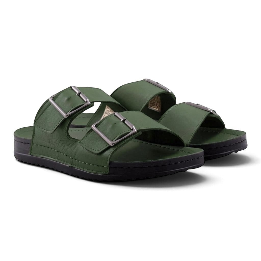 Step Ahead Pesso olive green leather slide sandals for men with two adjustable metal buckles and black soles