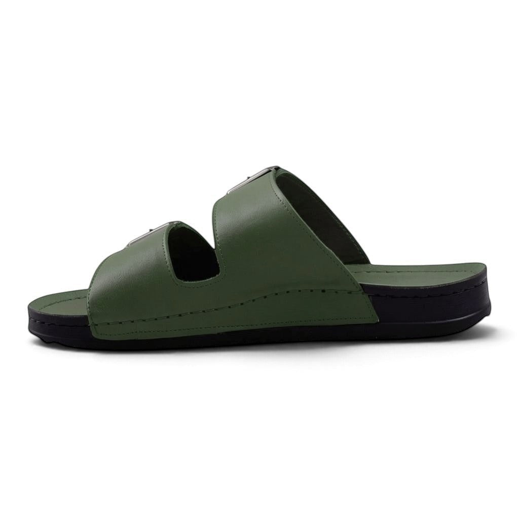 Step Ahead Pesso olive green leather slide sandals for men with double strap design and black sole
