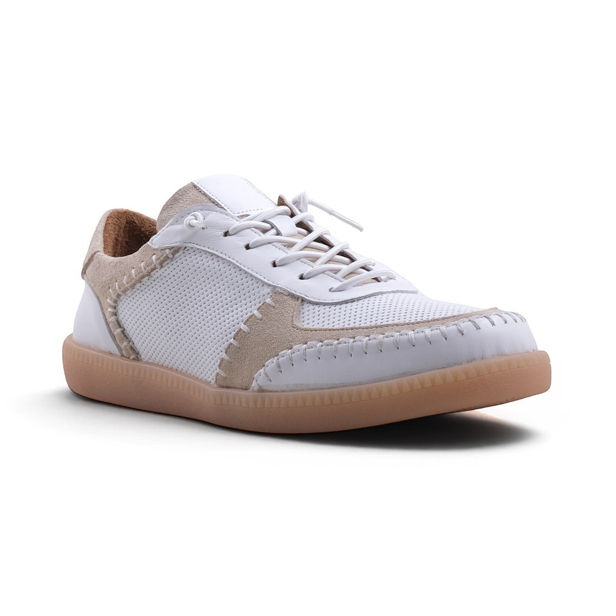 Step Ahead Pesso Penelope white leather and suede sneaker with intricate stitching and a caramel coloured sole