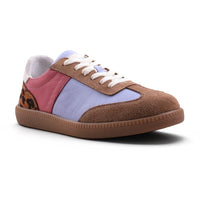 Step Ahead Pesso Petra multi-coloured leather sneaker with suede panels, animal print heel, and flexible brown sole.