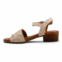 Step Ahead Pesso Shalsa cream leather block-heel sandal with woven strap detail and ankle buckle strap