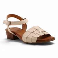 Step Ahead Pesso Shalsa cream leather block-heel sandals with a woven strap design and adjustable ankle buckle