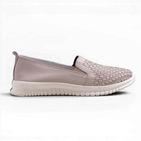 Step Ahead Pesso Skate nude leather loafers with a woven front panel and flexible white sole.