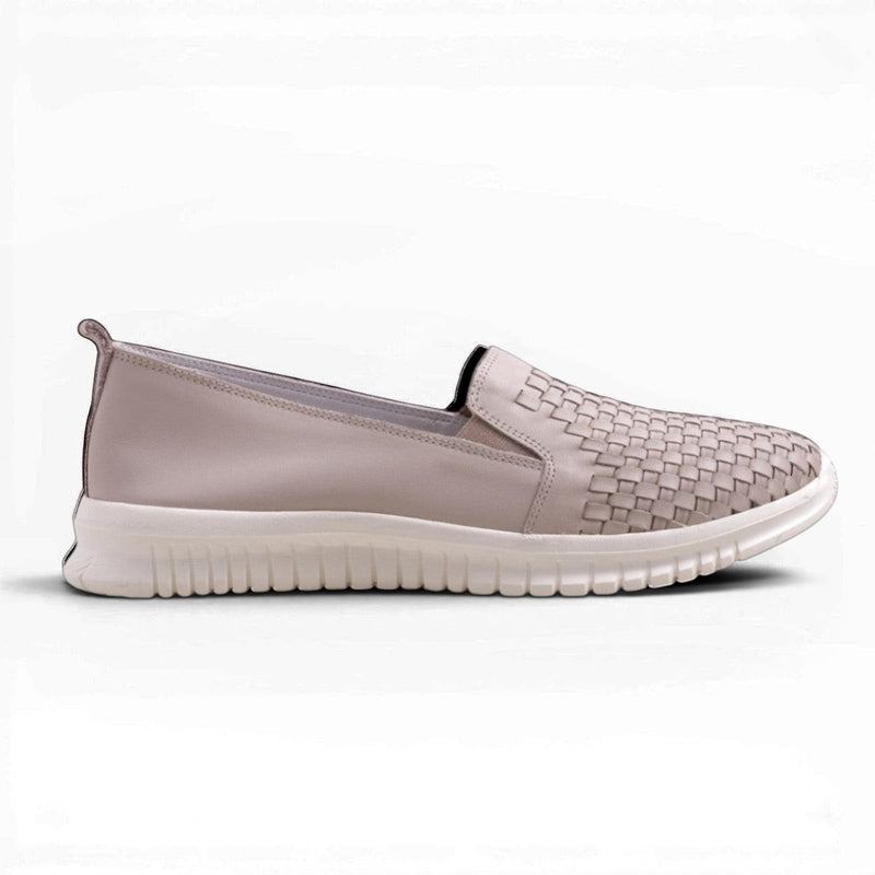 Step Ahead Pesso Skate nude leather loafers with a woven front panel and flexible white sole.
