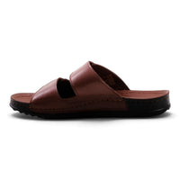 Step Ahead Pesso Sleigh men's brown leather slide sandals with a comfortable contoured footbed and side view.